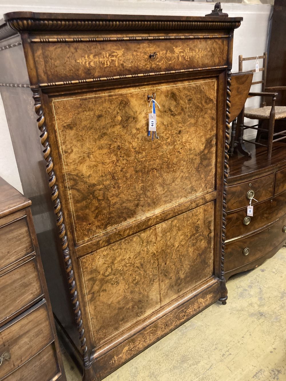 A 19th century French marquetry inlaid burr walnut secretaire à abbatant, width 104cm depth 52cm height 165cm